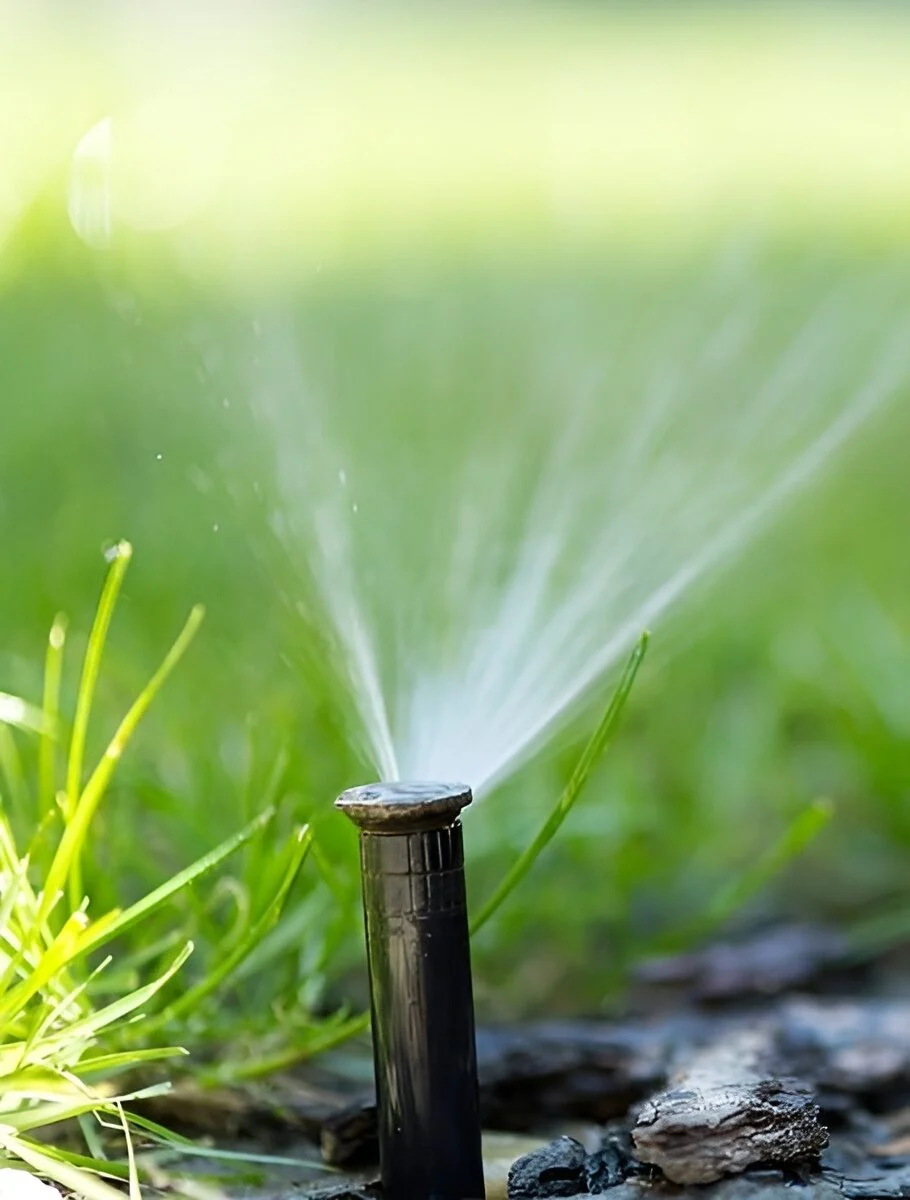 Pop-up lawn sprinkler head watering green grass and soil close up