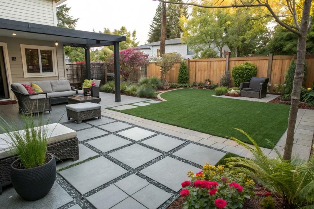 Modern backyard patio using large-format pavers, mixed materials, and permeable surfaces for aesthetics and durability.
