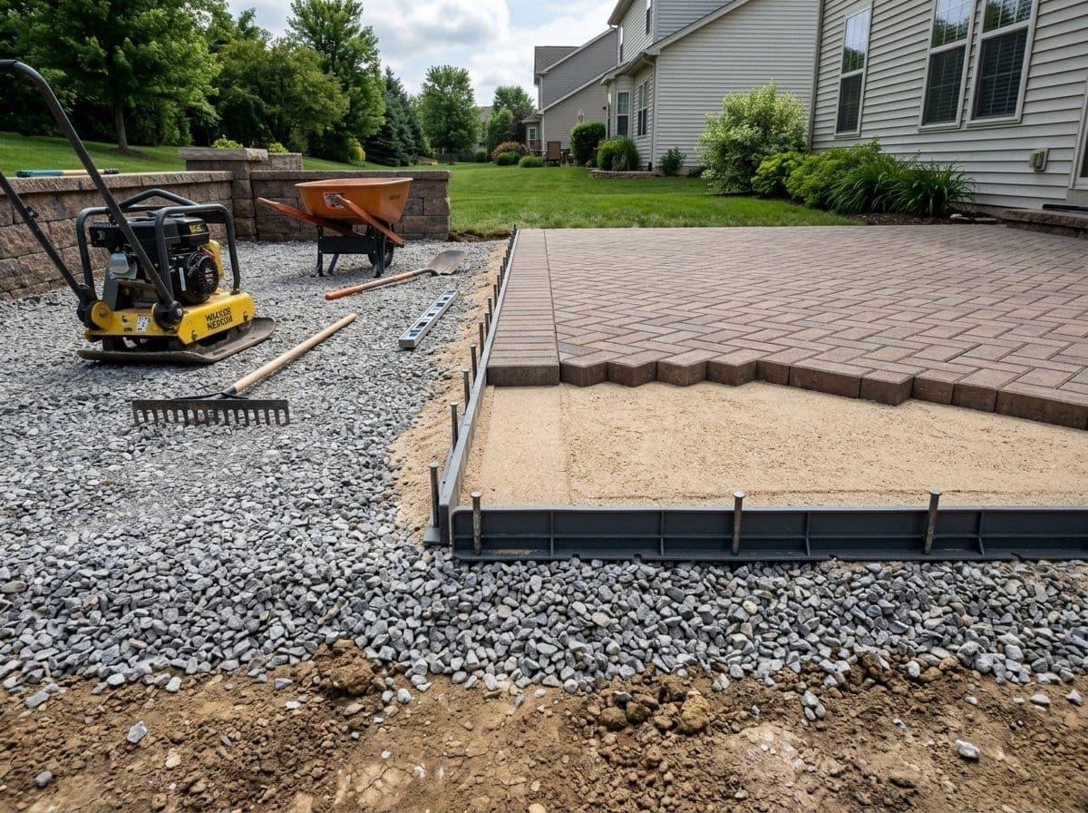 Properly compacted gravel and sand base for interlocking pavers ensuring durability and stability.