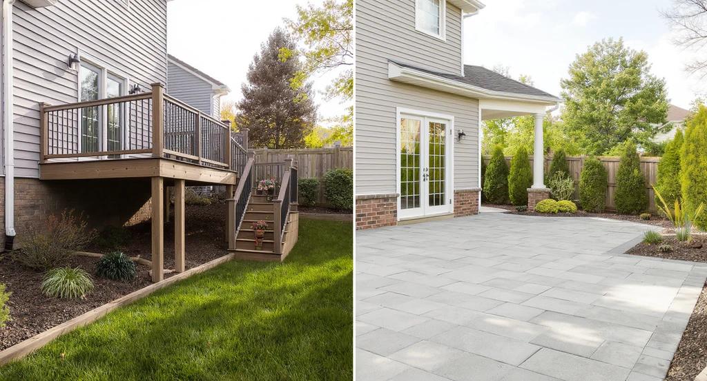 Side-by-side comparison of a stone patio and a timber deck in a backyard